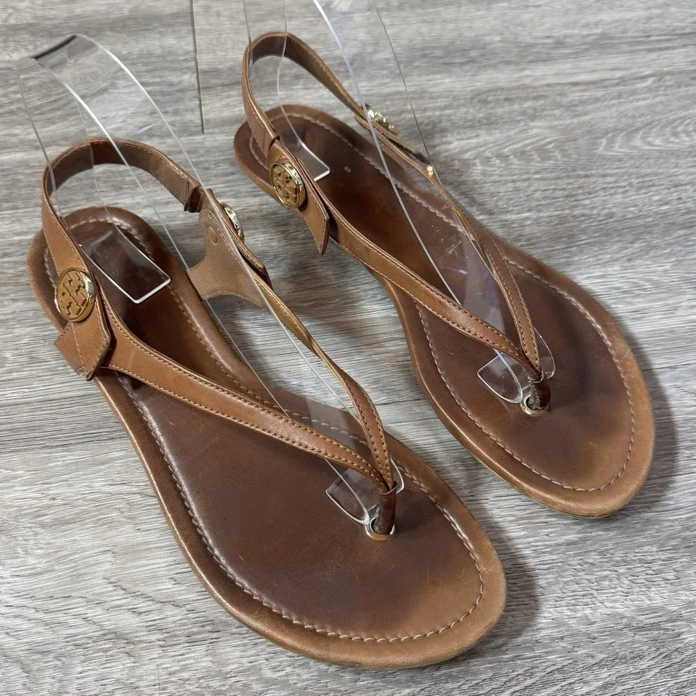 Tory Burch Brown Leather Minnie Travel Sandals Thongs Flats Womens Shoes 9 M